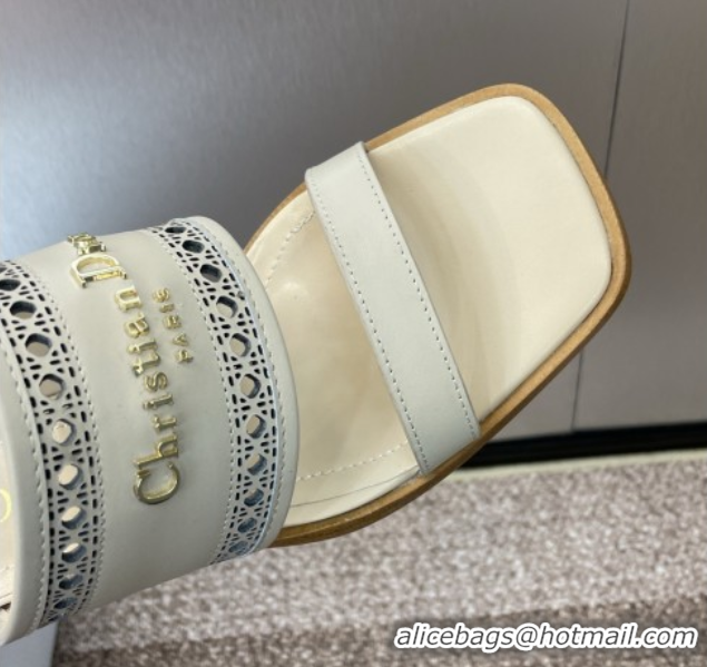 Stylish Dior D-Lane Heeled Slides Sandal 7.5cm in Calfskin with Openwork Microcannage Motif Beige 0425028