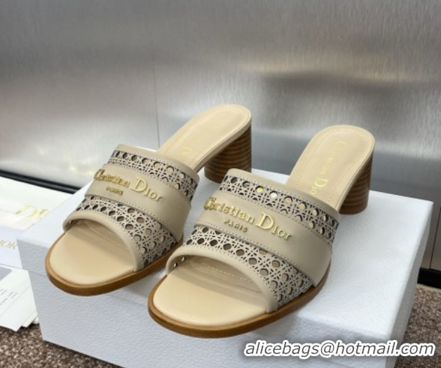 Sumptuous Dior D-Lane Heeled Slides Sandal 5.5cm in Calfskin with Openwork Microcannage Motif Beige 0425029