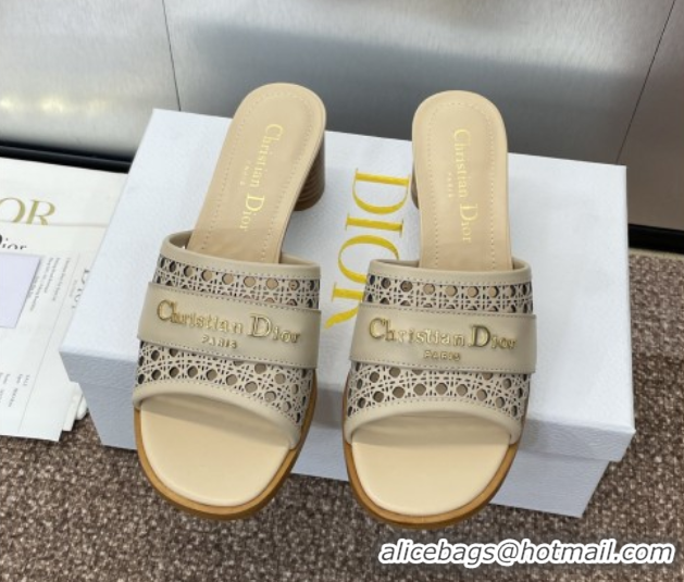 Sumptuous Dior D-Lane Heeled Slides Sandal 5.5cm in Calfskin with Openwork Microcannage Motif Beige 0425029
