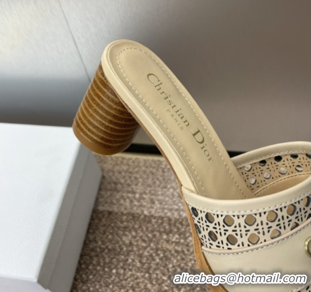 Sumptuous Dior D-Lane Heeled Slides Sandal 5.5cm in Calfskin with Openwork Microcannage Motif Beige 0425029