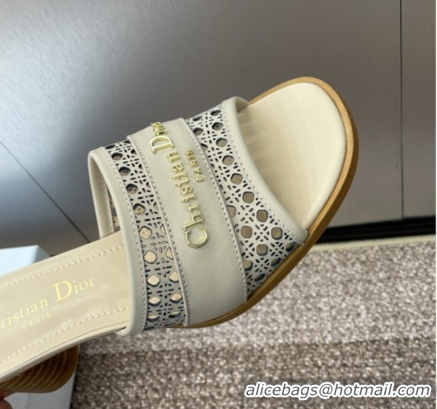 Sumptuous Dior D-Lane Heeled Slides Sandal 5.5cm in Calfskin with Openwork Microcannage Motif Beige 0425029