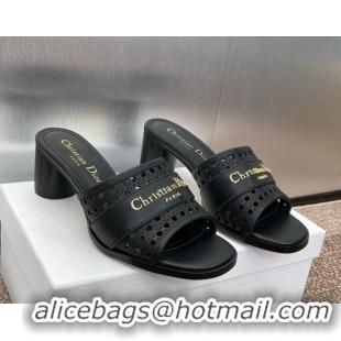 Perfect Dior D-Lane Heeled Slides Sandal 5.5cm in Calfskin with Openwork Microcannage Motif Black 0425030