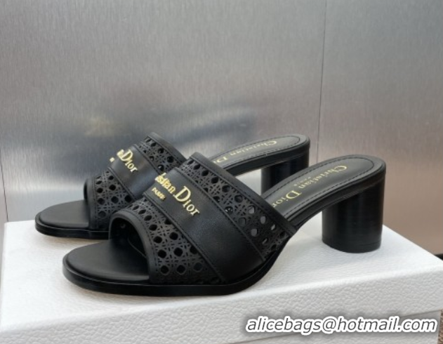 Perfect Dior D-Lane Heeled Slides Sandal 5.5cm in Calfskin with Openwork Microcannage Motif Black 0425030