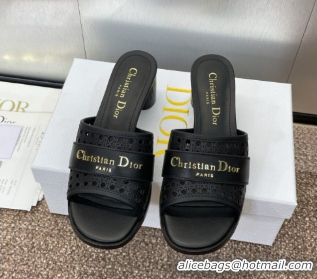 Perfect Dior D-Lane Heeled Slides Sandal 5.5cm in Calfskin with Openwork Microcannage Motif Black 0425030