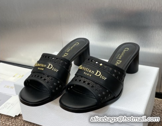 Perfect Dior D-Lane Heeled Slides Sandal 5.5cm in Calfskin with Openwork Microcannage Motif Black 0425030