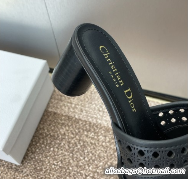 Perfect Dior D-Lane Heeled Slides Sandal 5.5cm in Calfskin with Openwork Microcannage Motif Black 0425030