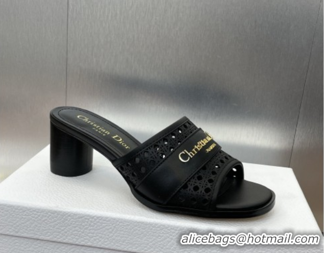 Perfect Dior D-Lane Heeled Slides Sandal 5.5cm in Calfskin with Openwork Microcannage Motif Black 0425030