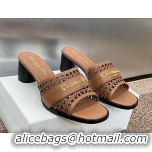 Purchase Dior D-Lane Heeled Slides Sandal 5.5cm in Calfskin with Openwork Microcannage Motif Brown 0425031