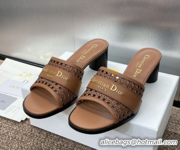 Purchase Dior D-Lane Heeled Slides Sandal 5.5cm in Calfskin with Openwork Microcannage Motif Brown 0425031