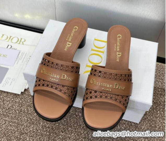 Purchase Dior D-Lane Heeled Slides Sandal 5.5cm in Calfskin with Openwork Microcannage Motif Brown 0425031
