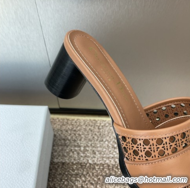 Purchase Dior D-Lane Heeled Slides Sandal 5.5cm in Calfskin with Openwork Microcannage Motif Brown 0425031