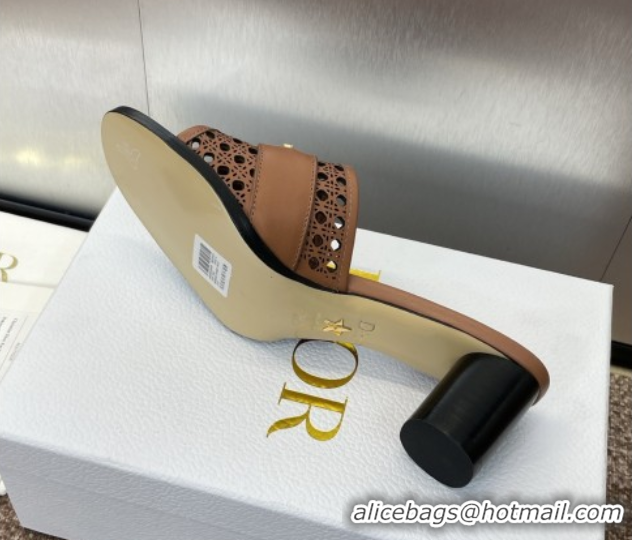 Purchase Dior D-Lane Heeled Slides Sandal 5.5cm in Calfskin with Openwork Microcannage Motif Brown 0425031