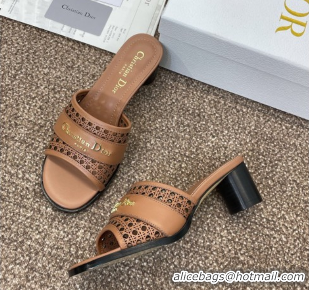 Purchase Dior D-Lane Heeled Slides Sandal 5.5cm in Calfskin with Openwork Microcannage Motif Brown 0425031