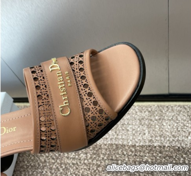 Purchase Dior D-Lane Heeled Slides Sandal 5.5cm in Calfskin with Openwork Microcannage Motif Brown 0425031