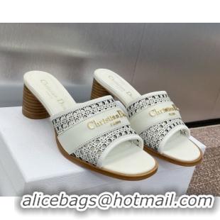 Pretty Style Dior D-Lane Heeled Slides Sandal 5.5cm in Calfskin with Openwork Microcannage Motif White 0425032