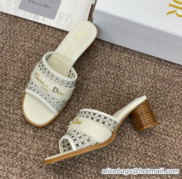 Pretty Style Dior D-Lane Heeled Slides Sandal 5.5cm in Calfskin with Openwork Microcannage Motif White 0425032