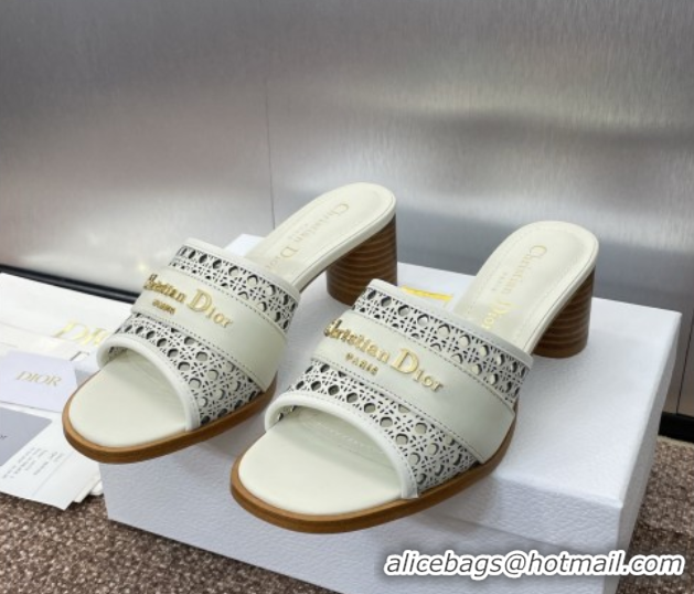 Pretty Style Dior D-Lane Heeled Slides Sandal 5.5cm in Calfskin with Openwork Microcannage Motif White 0425032
