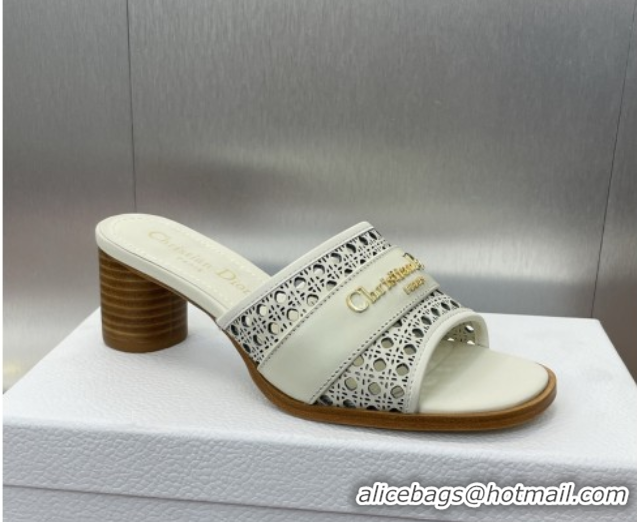 Pretty Style Dior D-Lane Heeled Slides Sandal 5.5cm in Calfskin with Openwork Microcannage Motif White 0425032