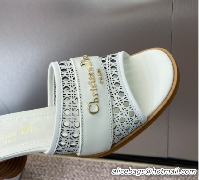 Pretty Style Dior D-Lane Heeled Slides Sandal 5.5cm in Calfskin with Openwork Microcannage Motif White 0425032