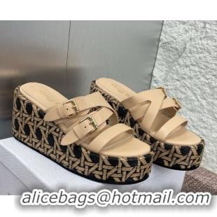 Grade Quality Dior L'Amazone Wedge Slides Sandal 6cm in Calfskin and Graphic Cannage Straw with Buckle Beige 0425033
