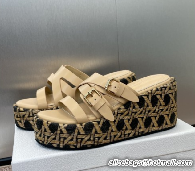 Grade Quality Dior L'Amazone Wedge Slides Sandal 6cm in Calfskin and Graphic Cannage Straw with Buckle Beige 0425033
