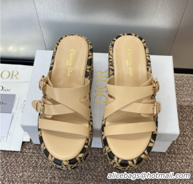 Grade Quality Dior L'Amazone Wedge Slides Sandal 6cm in Calfskin and Graphic Cannage Straw with Buckle Beige 0425033