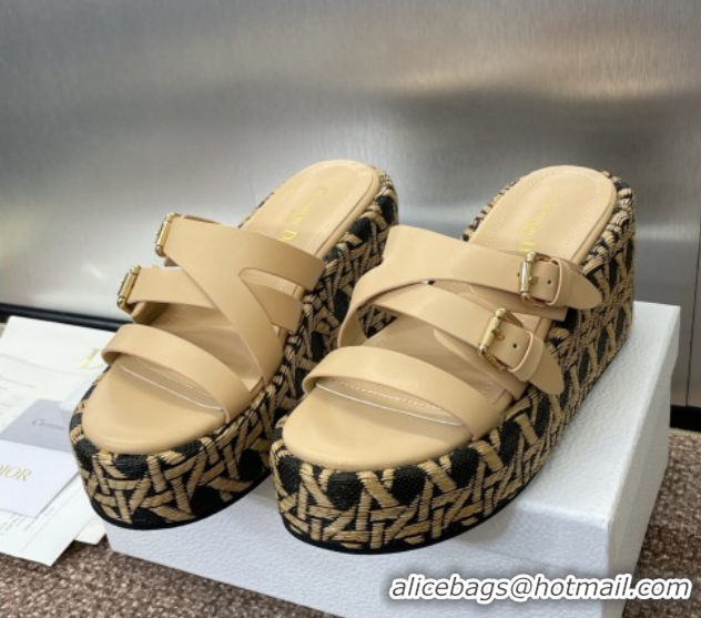 Grade Quality Dior L'Amazone Wedge Slides Sandal 6cm in Calfskin and Graphic Cannage Straw with Buckle Beige 0425033