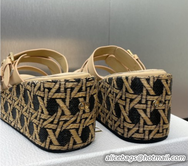 Grade Quality Dior L'Amazone Wedge Slides Sandal 6cm in Calfskin and Graphic Cannage Straw with Buckle Beige 0425033