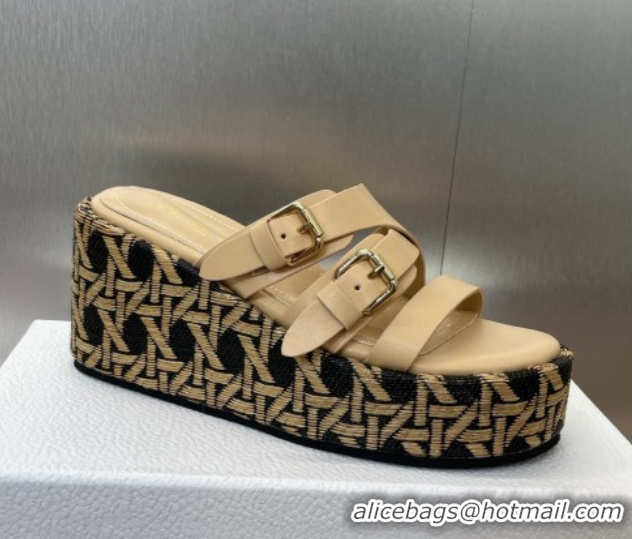 Grade Quality Dior L'Amazone Wedge Slides Sandal 6cm in Calfskin and Graphic Cannage Straw with Buckle Beige 0425033