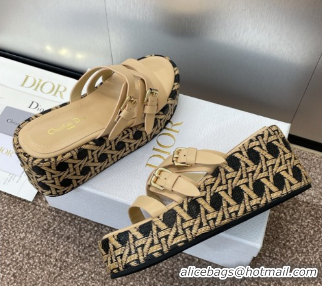 Grade Quality Dior L'Amazone Wedge Slides Sandal 6cm in Calfskin and Graphic Cannage Straw with Buckle Beige 0425033
