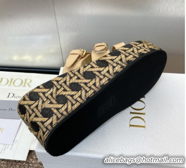 Grade Quality Dior L'Amazone Wedge Slides Sandal 6cm in Calfskin and Graphic Cannage Straw with Buckle Beige 0425033