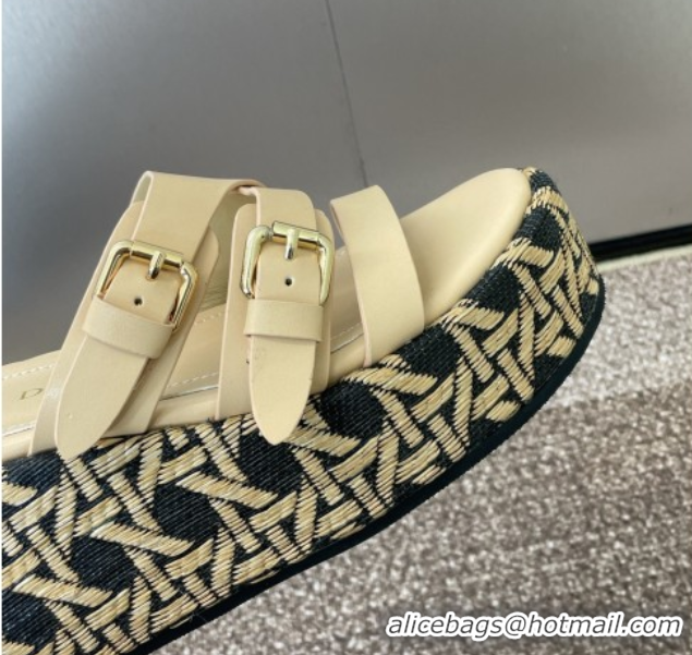 Grade Quality Dior L'Amazone Wedge Slides Sandal 6cm in Calfskin and Graphic Cannage Straw with Buckle Beige 0425033
