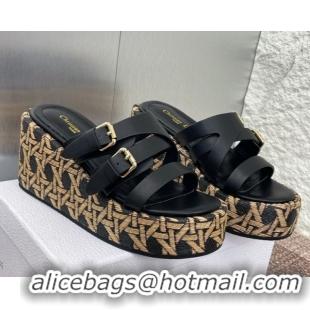 Modern Dior L'Amazone Wedge Slides Sandal 6cm in Calfskin and Graphic Cannage Straw with Buckle Black 0425034