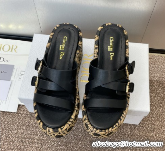 Modern Dior L'Amazone Wedge Slides Sandal 6cm in Calfskin and Graphic Cannage Straw with Buckle Black 0425034