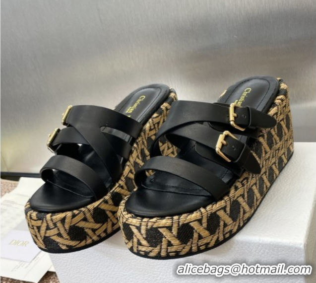 Modern Dior L'Amazone Wedge Slides Sandal 6cm in Calfskin and Graphic Cannage Straw with Buckle Black 0425034