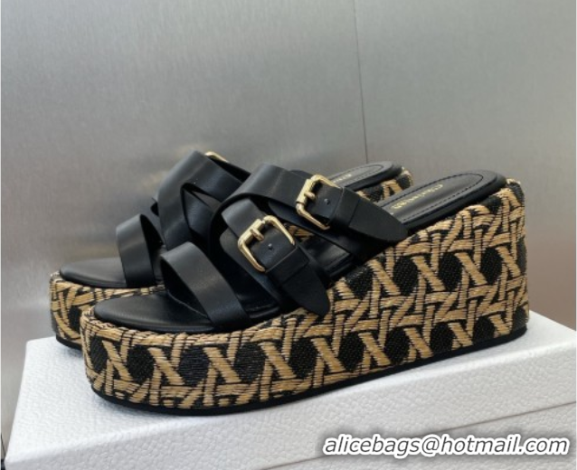 Modern Dior L'Amazone Wedge Slides Sandal 6cm in Calfskin and Graphic Cannage Straw with Buckle Black 0425034