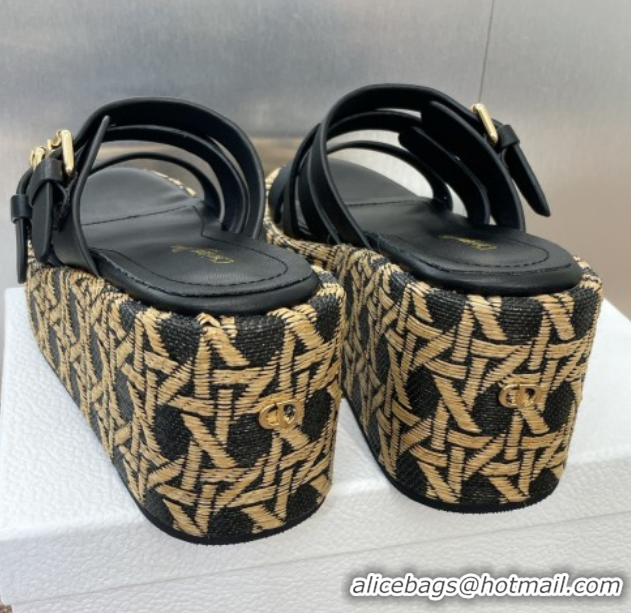 Modern Dior L'Amazone Wedge Slides Sandal 6cm in Calfskin and Graphic Cannage Straw with Buckle Black 0425034