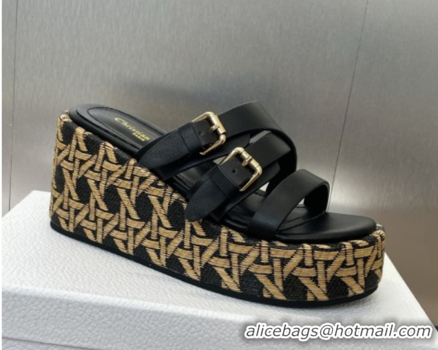 Modern Dior L'Amazone Wedge Slides Sandal 6cm in Calfskin and Graphic Cannage Straw with Buckle Black 0425034