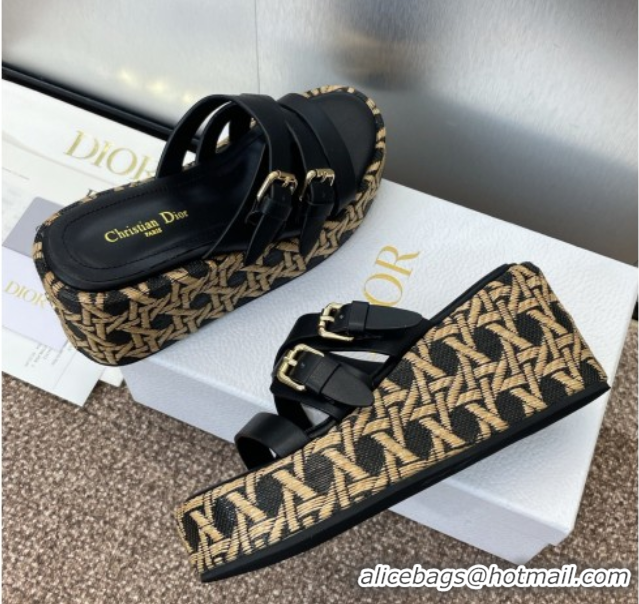 Modern Dior L'Amazone Wedge Slides Sandal 6cm in Calfskin and Graphic Cannage Straw with Buckle Black 0425034