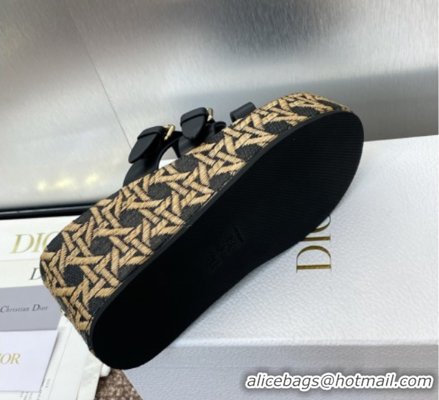 Modern Dior L'Amazone Wedge Slides Sandal 6cm in Calfskin and Graphic Cannage Straw with Buckle Black 0425034