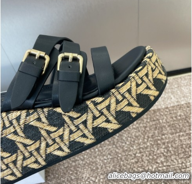 Modern Dior L'Amazone Wedge Slides Sandal 6cm in Calfskin and Graphic Cannage Straw with Buckle Black 0425034