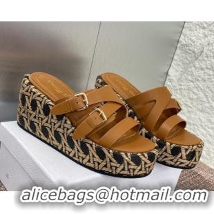 Good Quality Dior L'Amazone Wedge Slides Sandal 6cm in Calfskin and Graphic Cannage Straw with Buckle Brown 0425035