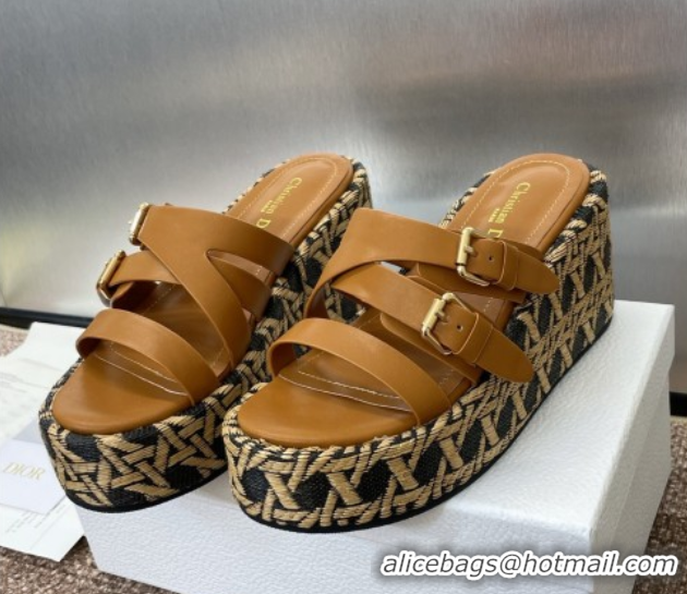 Good Quality Dior L'Amazone Wedge Slides Sandal 6cm in Calfskin and Graphic Cannage Straw with Buckle Brown 0425035
