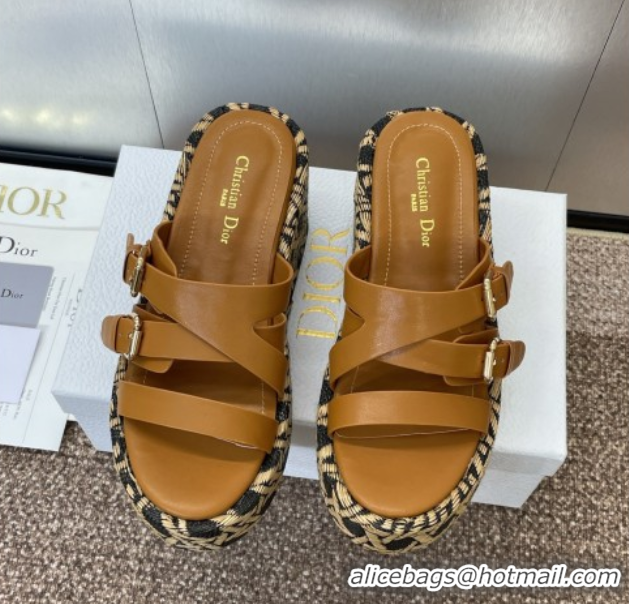 Good Quality Dior L'Amazone Wedge Slides Sandal 6cm in Calfskin and Graphic Cannage Straw with Buckle Brown 0425035