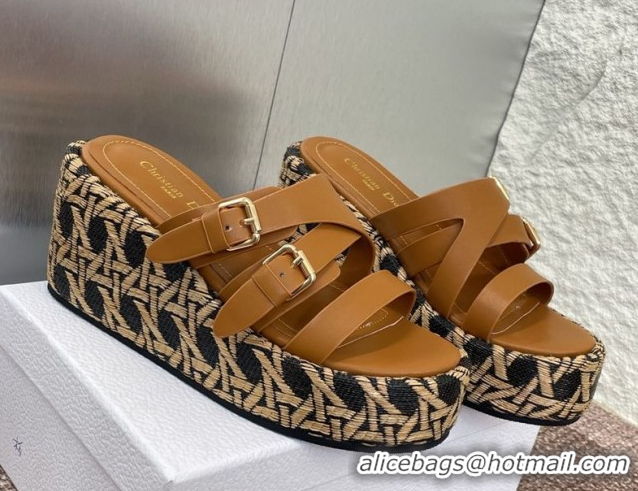 Good Quality Dior L'Amazone Wedge Slides Sandal 6cm in Calfskin and Graphic Cannage Straw with Buckle Brown 0425035