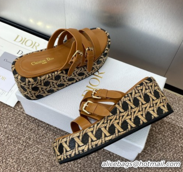 Good Quality Dior L'Amazone Wedge Slides Sandal 6cm in Calfskin and Graphic Cannage Straw with Buckle Brown 0425035