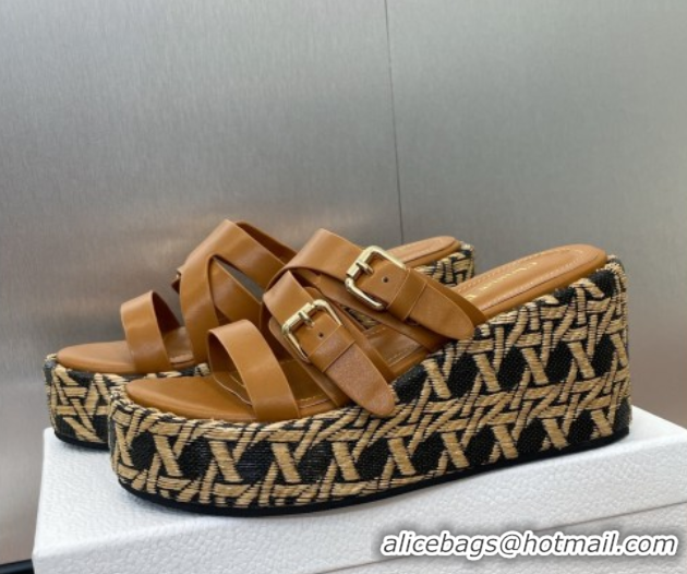 Good Quality Dior L'Amazone Wedge Slides Sandal 6cm in Calfskin and Graphic Cannage Straw with Buckle Brown 0425035