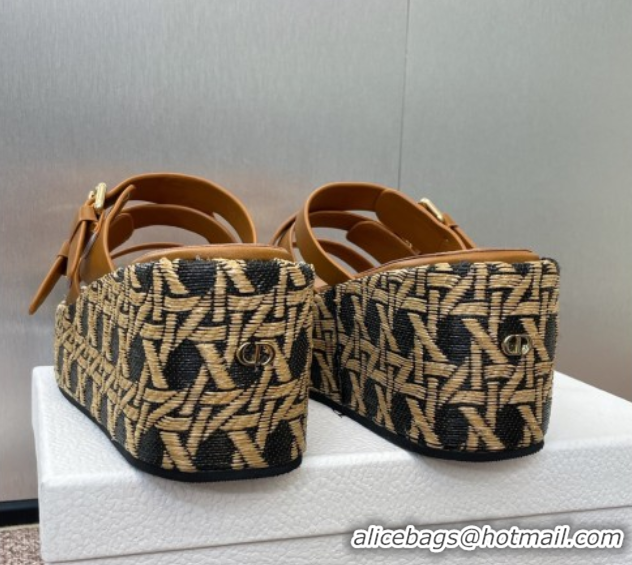 Good Quality Dior L'Amazone Wedge Slides Sandal 6cm in Calfskin and Graphic Cannage Straw with Buckle Brown 0425035
