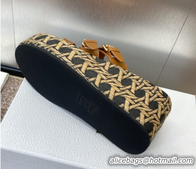 Good Quality Dior L'Amazone Wedge Slides Sandal 6cm in Calfskin and Graphic Cannage Straw with Buckle Brown 0425035