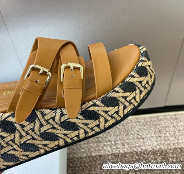 Good Quality Dior L'Amazone Wedge Slides Sandal 6cm in Calfskin and Graphic Cannage Straw with Buckle Brown 0425035